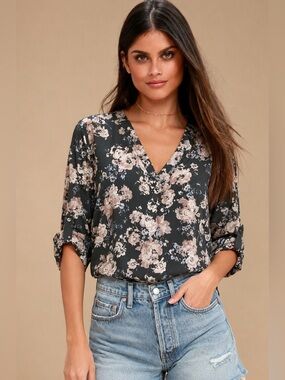 Maurices Floral V-Neck Pullover Chiffon Blouse Dark Green Pink Flowy Summer